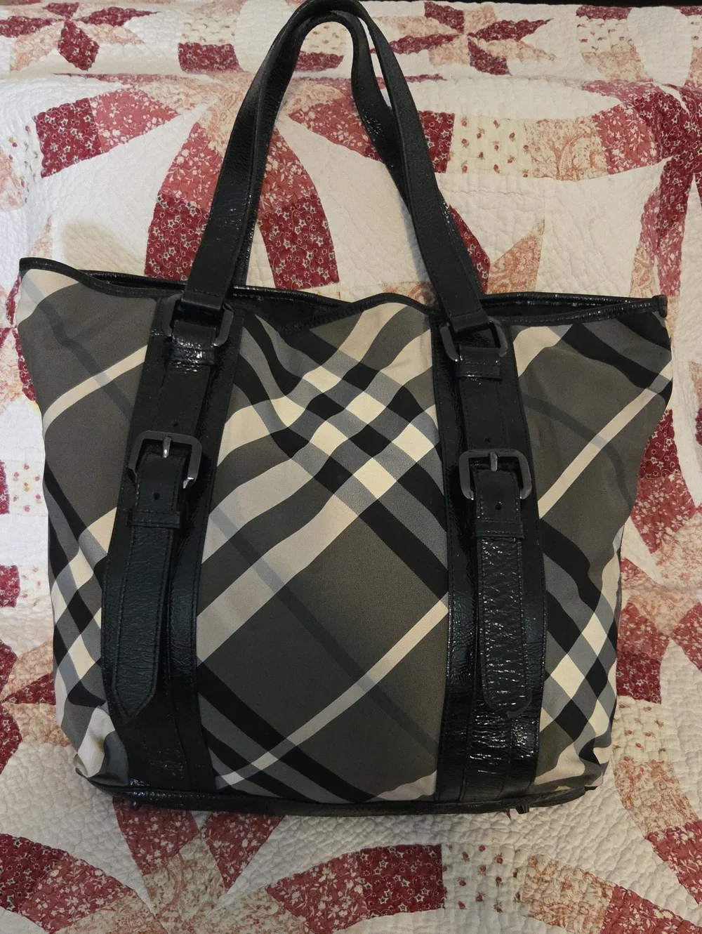 Burberry Black, Gray and Cream Plaid Tote Bag